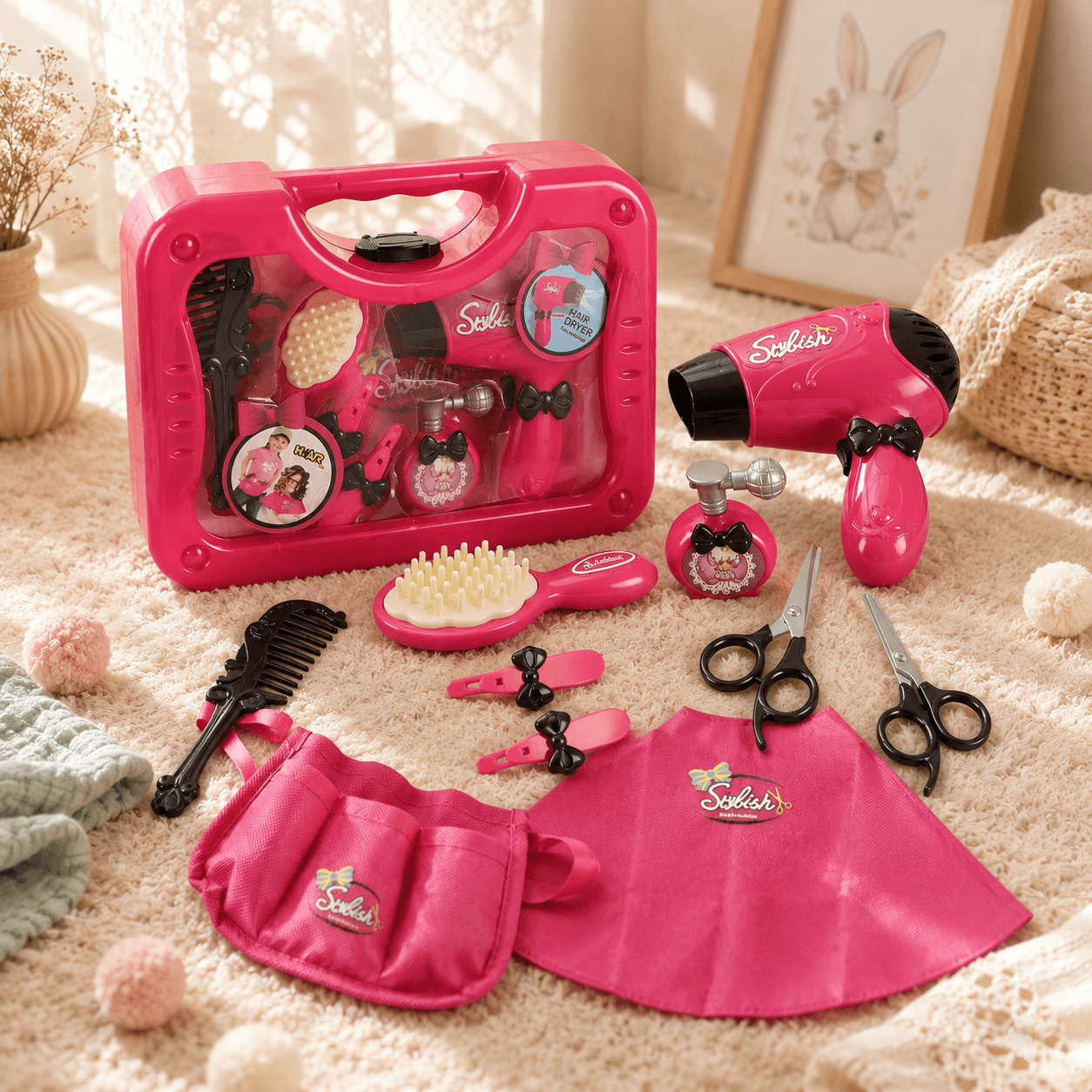 Pink toy hair salon set with tools and accessories on a carpeted floor.